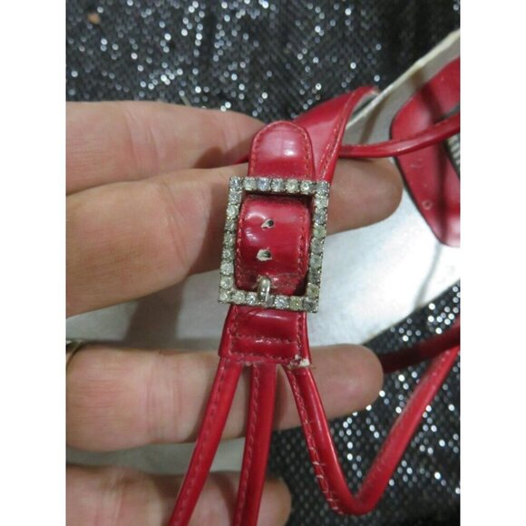 Stuart Weitzman Red Patent Italian Leather Slingback Crystal Embellished Sandals - Picture 7 of 9